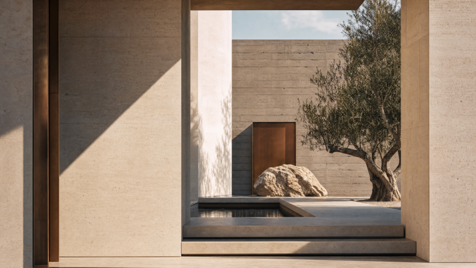 Architectural courtyard with olive tree